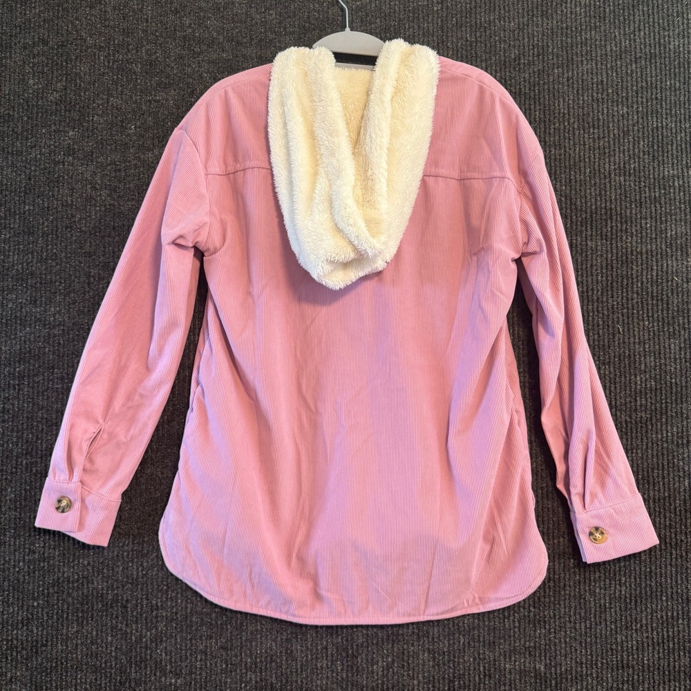 Identity Corduroy Shacket Women XS Pink Faux Fur Lined Hooded Button Front - Picture 2 of 7
